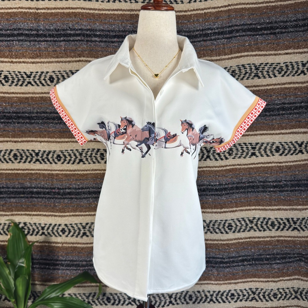 Ticha White Horse Print Button Down Blouse Short Sleeve Equestrian Top Small